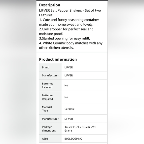 Lifver Salt & Pepper shakers ☆ white porcelain ☆ cork tops ☆ BRAND NEW in box ☆ - Picture 12 of 13